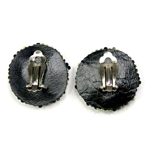 Iridescent Blue Beaded Clip-On Earrings Vintage 1960s-70s Statement Jewelry - Picture 3 of 4